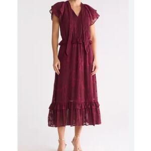 Mila Mae Dress XL Burnout Red Maxi Ruffle Hem Flutter Sleeve Split Neck